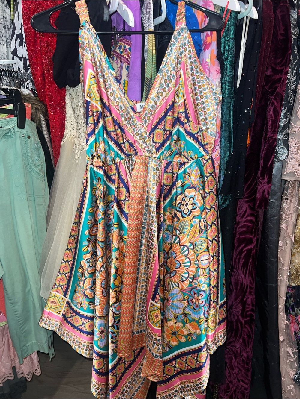 Molly Bracken Vibrant Floral V-Neck handkerchief hem Midi Dress in Teal and Pink
